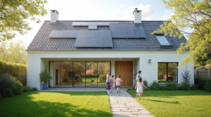 Weißes Einfamilienhaus mit großflächiger Photovoltaikanlage auf dem Satteldach, davor spielen Kinder im Vorgarten