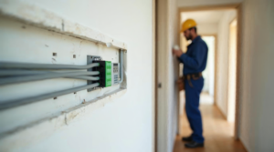 Offene Wandnische mit Netzwerkverteiler und Leerrohren im Rohbau, dahinter ein Elektriker mit Schutzhelm im Flur