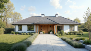 Ebenerdiger Bungalow mit Walmdach und Holzverkleidung am Eingang, davor ein breiter gepflasterter Weg zwischen Gräserbeeten