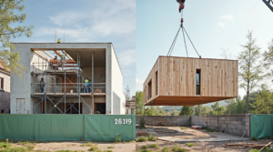 Zweigeteiltes Bild: links ein gemauerter Rohbau mit Gerüst, rechts ein vorgefertigtes Holzmodul am Kran über der Bodenplatte