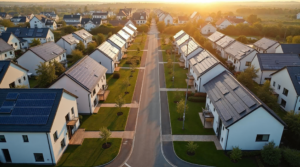 Luftaufnahme eines Neubaugebiets im Abendlicht, auf nahezu allen Dächern Photovoltaikmodule