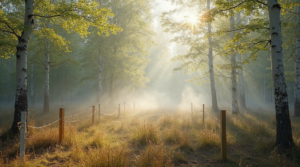 Abgestecktes Baugrundstück mit Pfosten und Schnur in einem Birkenwald, Morgennebel im Gegenlicht