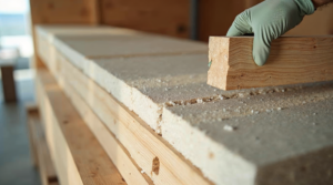 Wandaufbau im Detail: Holzbalken, Dämmung und mineralische Platte, eine Hand im Arbeitshandschuh legt ein Holzstück auf