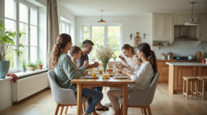 Familie beim Essen am Tisch in einer offenen Wohnküche mit großen Fenstern