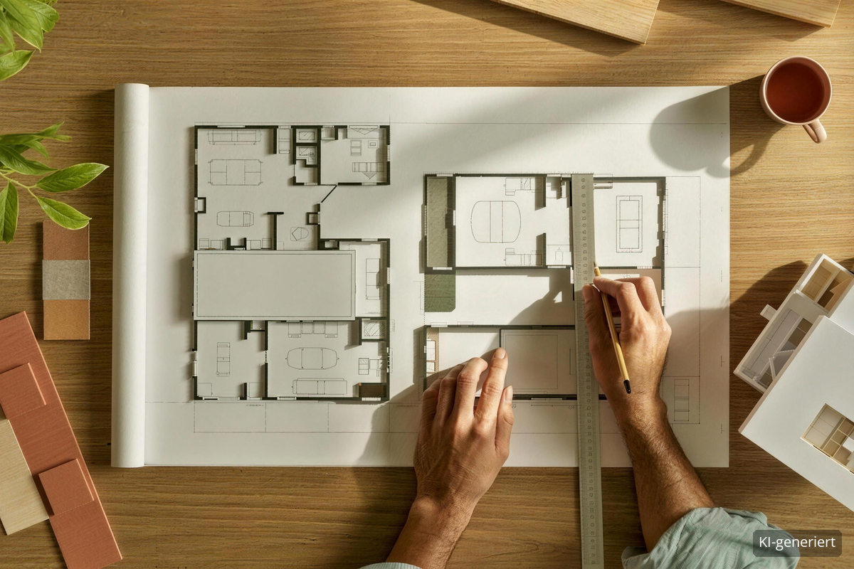 Architekt zeichnet mit Lineal an einem Grundriss, daneben Materialmuster und ein weißes Hausmodell