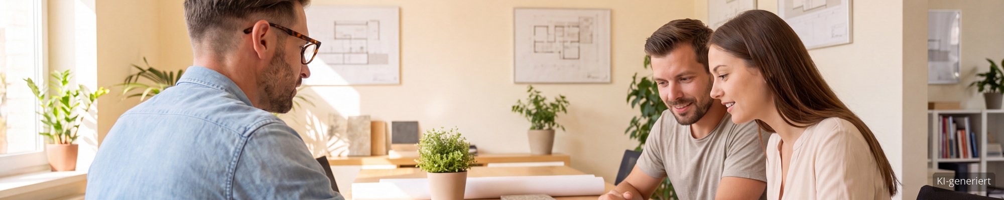 Architekt bespricht mit einem Paar die Baupläne eines frei geplanten Hauses am Beratungstisch